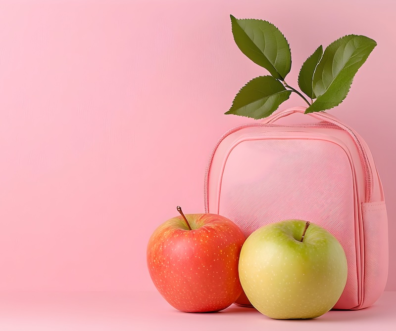 Rosa Rucksack mit Äpfeln und Herbstblättern vor pinkem Hintergrund, Back-to-School-Motiv.